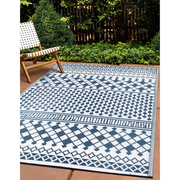 World Rug Gallery Contemporary Bohemian Geometric Reversible Recycled Plastic 3' X 5' Navy Outdoor Rug 6073NAVY3X5 - main
